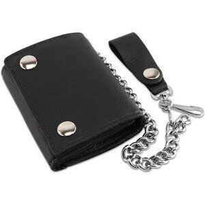 Men's Tri-fold Vintage Biker Cowhide Leather Steel Chain Wallet, Snap closure